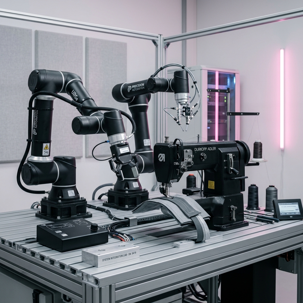 Two robotic arms sewing fabric on a modified sewing machine in a high-tech laboratory with pink neon lighting